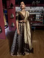 Brown Embroidered Tissue Silk Lehenga Set of 3 - Image 9