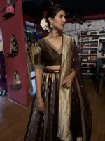 Brown Embroidered Tissue Silk Lehenga Set of 3 - Image 6