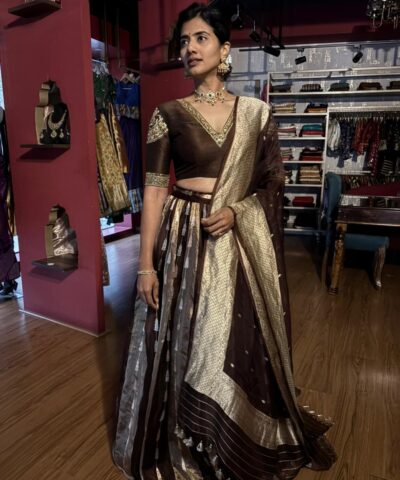 Brown Embroidered Tissue Silk Lehenga Set of 3