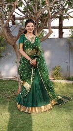 Bottle Green Silk Chequered Lehenga Set of 3