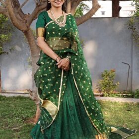 Bottle Green Silk Chequered Lehenga Set of 3