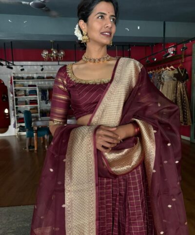 Arakku Brown Kanchivaram Silk Lehenga Set of 3