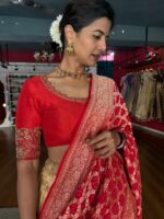 Gold Paithani Embroidered Tissue Silk Lehenga Set of 3 - Image 3