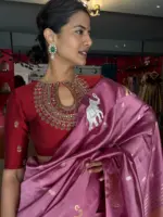 Onion Pink Handwoven Banarasi Silk Saree with Gold Silver Zari Motifs
