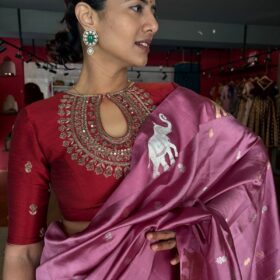 Onion Pink Handwoven Banarasi Silk Saree with Gold Silver Zari Motifs