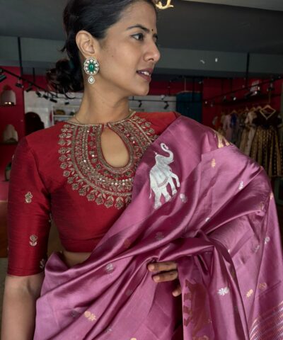 Onion Pink Handwoven Banarasi Silk Saree with Gold Silver Zari Motifs