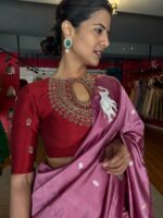 Onion Pink Handwoven Banarasi Silk Saree with Gold Silver Zari Motifs - Image 4