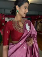 Onion Pink Handwoven Banarasi Silk Saree with Gold Silver Zari Motifs - Image 4