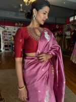 Onion Pink Handwoven Banarasi Silk Saree with Gold Silver Zari Motifs - Image 9