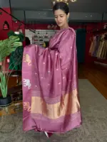 Onion Pink Handwoven Banarasi Silk Saree with Gold Silver Zari Motifs - Image 8