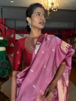 Onion Pink Handwoven Banarasi Silk Saree with Gold Silver Zari Motifs - Image 3