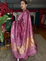 Onion Pink Handwoven Banarasi Silk Saree with Gold Silver Zari Motifs - Image 7