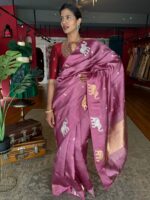 Onion Pink Handwoven Banarasi Silk Saree with Gold Silver Zari Motifs - Image 2