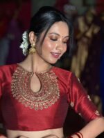 Maroon Embroidered Tissue Silk Lehenga Set of 3 - Image 2