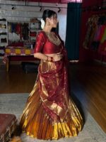 Maroon Embroidered Tissue Silk Lehenga Set of 3 - Image 4