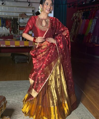 Maroon Embroidered Tissue Silk Lehenga Set of 3