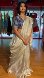 Silver Tissue Silk Saree with Zari Border - Image 7