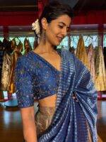 Midnight Blue Embroidered Silk Lehenga Set of 3 - Image 7