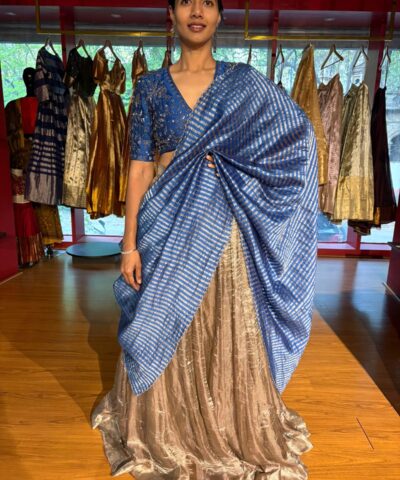 Midnight Blue Embroidered Silk Lehenga Set of 3