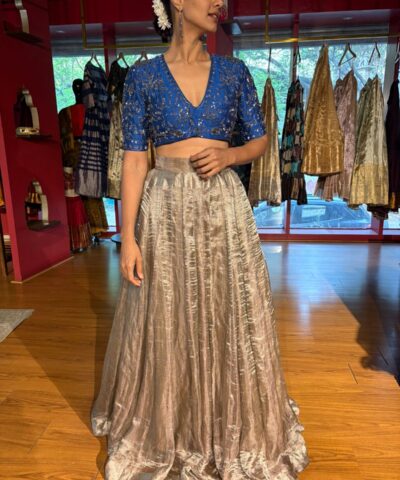 Midnight Blue Embroidered Silk Lehenga Set of 2