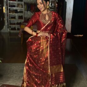 Maroon Embroidered Tissue Silk Lehenga Set of 3