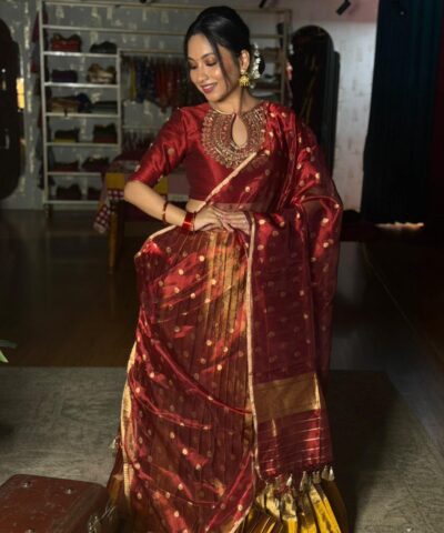 Maroon Embroidered Tissue Silk Lehenga Set of 3