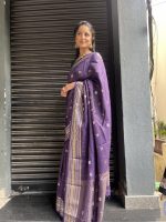Purple Chequered Chinnon Silk Saree - Image 2