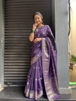 Purple Chequered Chinnon Silk Saree - Image 4
