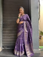 Purple Chequered Chinnon Silk Saree - Image 4