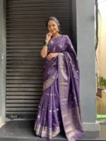 Purple Chequered Chinnon Silk Saree - Image 4