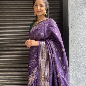 Purple Chequered Chinnon Silk Saree