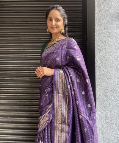 Purple Chequered Chinnon Silk Saree