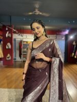 Coffee Brown Khaddi Banarasi Chiffon Silk Saree - Image 3
