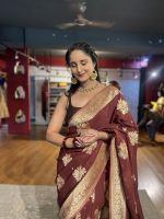 Brown Georgette Silk Saree with Gold Zari Buttis - Image 2