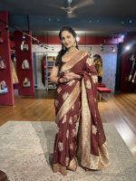 Brown Georgette Silk Saree with Gold Zari Buttis - Image 3