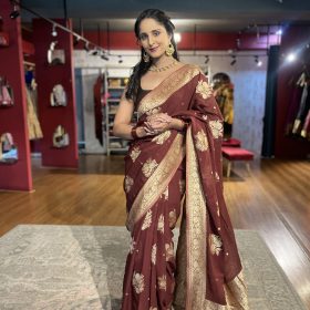 Brown Georgette Silk Saree with Gold Zari Buttis