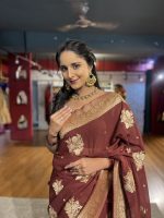 Brown Georgette Silk Saree with Gold Zari Buttis - Image 5