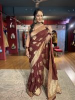 Brown Georgette Silk Saree with Gold Zari Buttis - Image 6