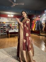 Brown Georgette Silk Saree with Gold Zari Buttis - Image 7