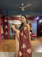 Brown Georgette Silk Saree with Gold Zari Buttis - Image 4