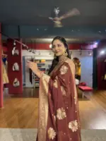Brown Georgette Silk Saree with Gold Zari Buttis - Image 4