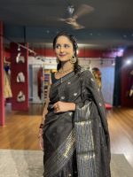 Black Chequered Chinnon Silk Saree - Image 3