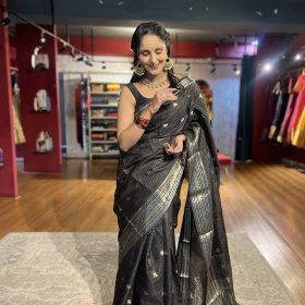 Black Chequered Chinnon Silk Saree