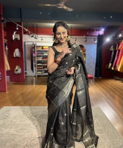 Black Chequered Chinnon Silk Saree