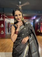 Black Chequered Chinnon Silk Saree - Image 2