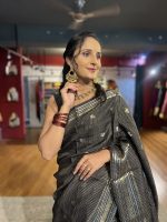 Black Chequered Chinnon Silk Saree - Image 4