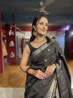 Black Chequered Chinnon Silk Saree - Image 6