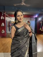 Black Chequered Chinnon Silk Saree - Image 7