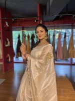 Ivory Embroidered Satin Silk Saree with Scalloped Edging - Image 3