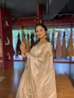 Ivory Embroidered Satin Silk Saree with Scalloped Edging - Image 3